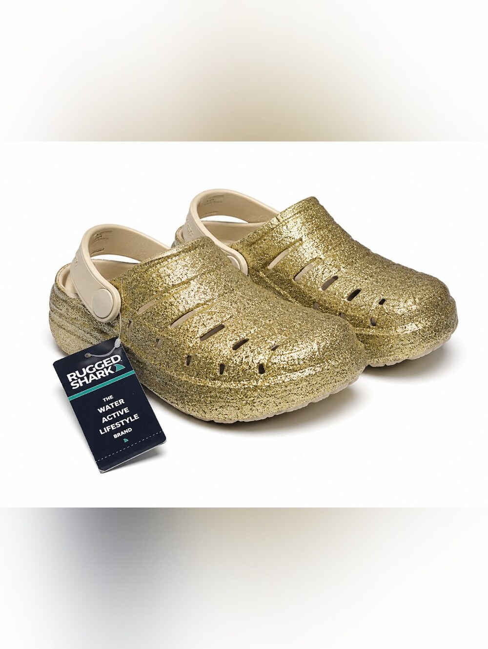 Rugged Shark Gold Glitter Clogs Toddler 7/8 NWT Lightweight Slip On Play Shoes